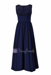 Gracious Long Chiffon Evening Dress Navy Formal Dress W/Lace Illusion Neckline(BM2529L)