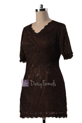 Vintage Short V-neck Lace Party Dress Strong Coffee Bridesmaid Dress(BM2531)
