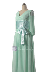 Long Mint Chiffon Bridesmaid Dress Modest Chiffon Party Dress W/Long Sleeves (BM253143)