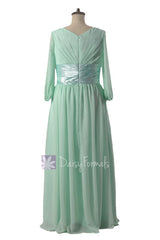 Long Mint Chiffon Bridesmaid Dress Modest Chiffon Party Dress W/Long Sleeves (BM253143)