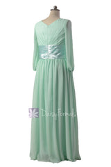 Long Mint Chiffon Bridesmaid Dress Modest Chiffon Party Dress W/Long Sleeves (BM253143)