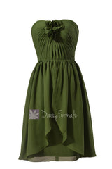 Unique Short Hunter Green Chiffon Bridesmaid Dress W/Handmade Flowers(BM2811)