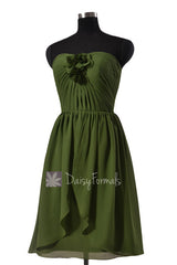 Unique Short Hunter Green Chiffon Bridesmaid Dress W/Handmade Flowers(BM2811)