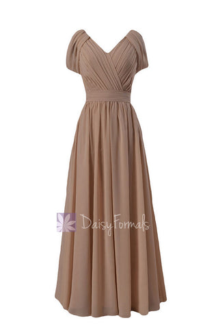 Champagne V-Neck Chiffon Bridesmaid Dress Long Formal Party Dress(BM283)