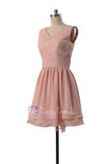 Amazing Short Lace Bridesmaid Dress Linen V-Neck Formal Dress W/Flowing Layers(BM29035)