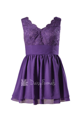 Plus Size Purple Lace Bridesmaid Dress Short V-neck Formal Dress(BM290235Plus)