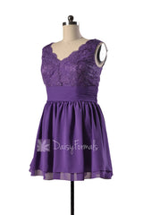 Plus Size Purple Lace Bridesmaid Dress Short V-neck Formal Dress(BM290235Plus)