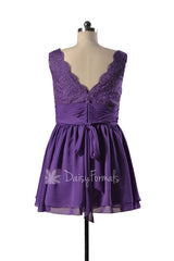 Plus Size Purple Lace Bridesmaid Dress Short V-neck Formal Dress(BM290235Plus)