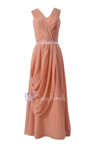 Vintage Floor Length V-neck Chiffon Evening Dress Bridesmaid Dress Side Swag(BM299)