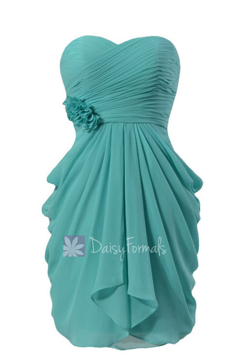 Delicate Chiffon Cocktail Dress Tiffany Blue Sweetheart Bridesmaid Dress w/ Flowers(BM332)