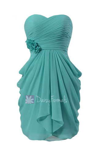 Delicate Chiffon Cocktail Dress Tiffany Blue Sweetheart Bridesmaid Dress w/ Flowers(BM332)