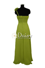 Long Bright Olive Chiffon Dress One Shoulder Evening Dress W/Fabric Flowers(BM346)
