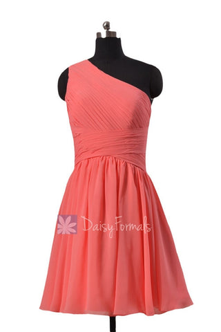 Hot Knee Length Chiffon Formal Dress One Shoulder Coral Bridesmaid Dress(BM351)