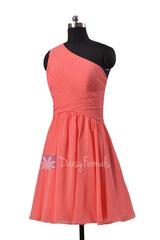 Hot Knee Length Chiffon Formal Dress One Shoulder Coral Bridesmaid Dress(BM351)