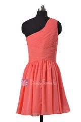 Hot Knee Length Chiffon Formal Dress One Shoulder Coral Bridesmaid Dress(BM351)