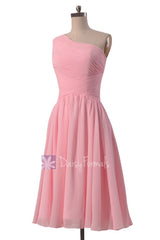 Lovely Short One Shoulder Chiffon Bridesmaid Dress Pleated Pink Formal Dress(BM351)