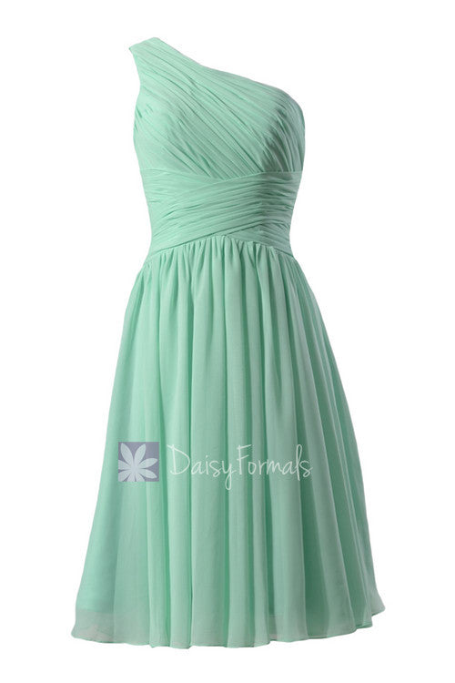 Hot! Mint One-Shoulder Chiffon Homecoming Dress Knee Length Bridesmaid Dress(BM351)