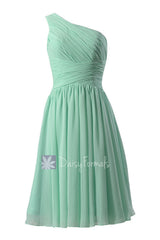 Hot! Mint One-Shoulder Chiffon Homecoming Dress Knee Length Bridesmaid Dress(BM351)