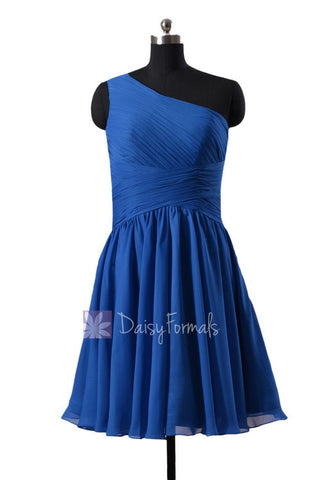 In stock,Ready to Ship - Knee Length One Shoulder Blue Chiffon  Formal Dress(BM351) - (#37 Royal Blue, Sz6)