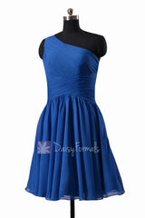 In stock,Ready to Ship - Knee Length One Shoulder Blue Chiffon  Formal Dress(BM351) - (#37 Royal Blue, Sz6)