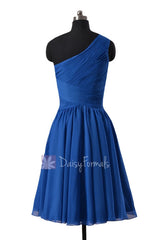 In stock,Ready to Ship - Knee Length One Shoulder Blue Chiffon  Formal Dress(BM351) - (#37 Royal Blue, Sz6)