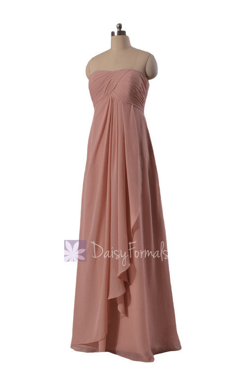 Gracious Long Chiffon Beach Wedding Dress Strapless Quartz Bridesmaid Dress(BM4046)