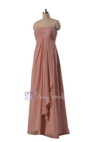 Gracious Long Chiffon Beach Wedding Dress Strapless Quartz Bridesmaid Dress(BM4046)