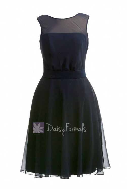 Dark Navy Blue Chiffon Bridesmaid Dress Knee Length Formal Dress W/Illusion Neckline(BM4090)