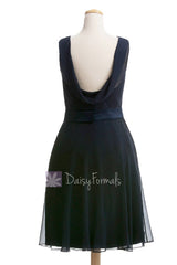 Dark Navy Blue Chiffon Bridesmaid Dress Knee Length Formal Dress W/Illusion Neckline(BM4090)