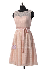 Stunning Blush Pink Lace Knee Length Bridal Party Dress W/Illusion Neckline(BM43225)