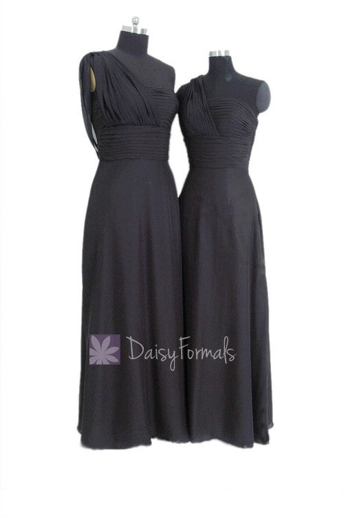 Delicate Floor Length One Shoulder Bridesmaid Dress Black Chiffon Evening Dress(BM452L)