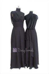 Delicate Floor Length One Shoulder Bridesmaid Dress Black Chiffon Evening Dress(BM452L)