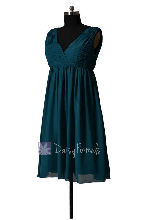 Empire Peacock Teal Chiffon Bridal Party Dress Short V-Neck Bridesmaid Dress(BM5193S)