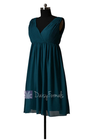 Empire Peacock Teal Chiffon Bridal Party Dress Short V-Neck Bridesmaid Dress(BM5193S)