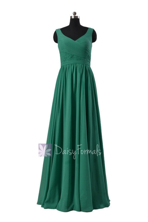 V-Neck Green Chiffon Bridal Party Dress Pleated Long Formal Dress(BM5196L)