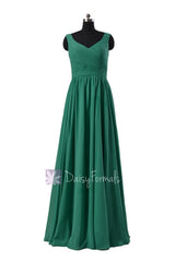 V-Neck Green Chiffon Bridal Party Dress Pleated Long Formal Dress(BM5196L)