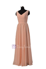 Qualty Nude Color Bridesmaid Dress Floor Length Chiffon Dress W/V-Neck(BM5196L)