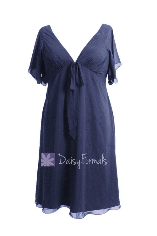 Custom Plus Size Tea Length Bridesmaid Dress V-Neck Navy Chiffon Dress(BM526T)