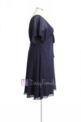 Custom Plus Size Tea Length Bridesmaid Dress V-Neck Navy Chiffon Dress(BM526T)