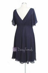 Custom Plus Size Tea Length Bridesmaid Dress V-Neck Navy Chiffon Dress(BM526T)