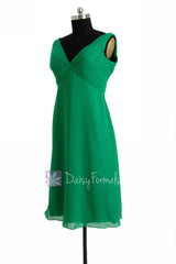 Knee Length Emerald Green Bridal Party Dress V-Neck Chiffon Formal Bridesmaid Dress(BM7726)