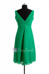 Knee Length Emerald Green Bridal Party Dress V-Neck Chiffon Formal Bridesmaid Dress(BM7726)