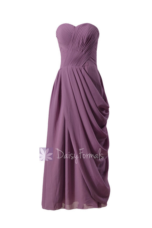 Pale Mute Lilac Long Strapless Chiffon Bridesmaid Dress Sweetheart Formal Dress(BM810L)