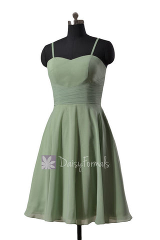 Knee Length Cocktail Dress Green Chiffon Bridal Party Dress W/Spaghetti Straps(8487E)