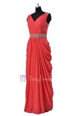 Beaded Cherry Chiffon Dress Beach Wedding Dress Long V-Neck Bridesmaid Dress(BM876L)