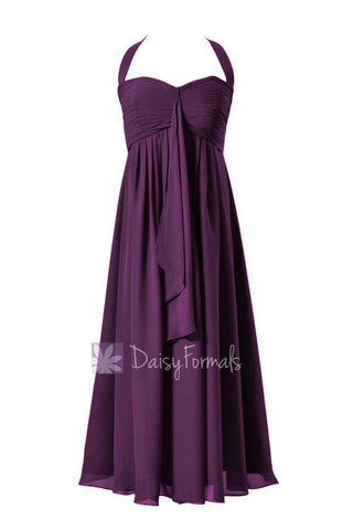 Tea Length Byzantium Halter Chiffon Bridesmaid Dress Empire Prom Dress(BM892T)