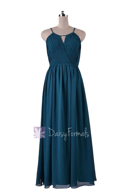 In stock,Ready to Ship - Long Peacock Teal Bridesmaid Dress Chiffon Party Dress(BM10826L) - (#42 Dark Teal, Sz12)