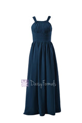 Gracious Full Length Bridesmaid Dress Peacock Blue Chiffon Dress W/Straps(BM9823)