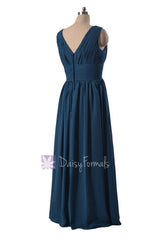 Long Deep V-Neck Chiffon Bridal Party Dress Pleated Peacock Blue Formal Dress(BM9825)