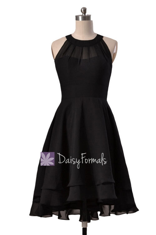 In stock,Ready to Ship -Short High Low Black Chiffon Formal Dress (CST2225) - (#52 Black, Sz4)
